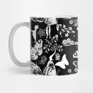 Sketch Butterflies and Flowers Black and White Pattern Mug